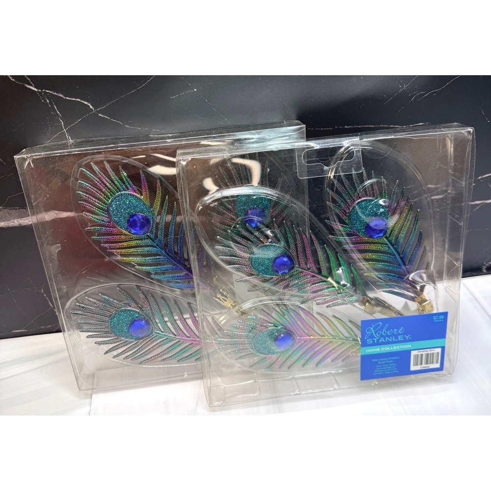 Robert Stanley Iridescent Peacock Feather Christmas Ornaments Clips 6pc Set 2014